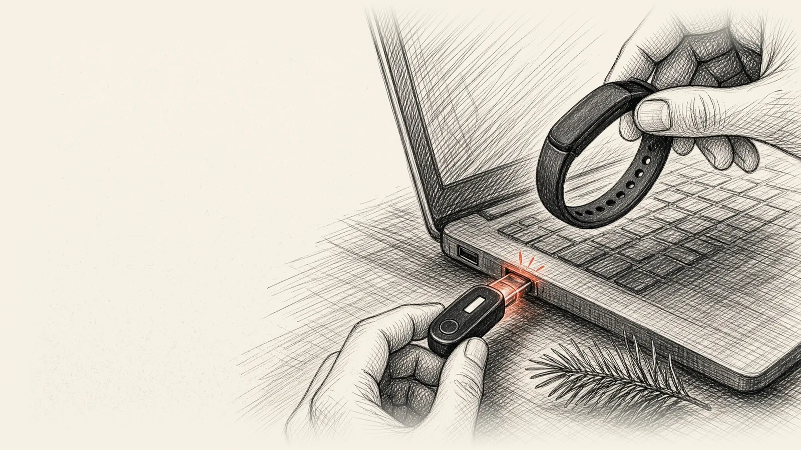 Ink drawing of a hand pushing the strapless tracker straight into a laptop's side USB port with a tiny spark, the other hand holding the empty strap.