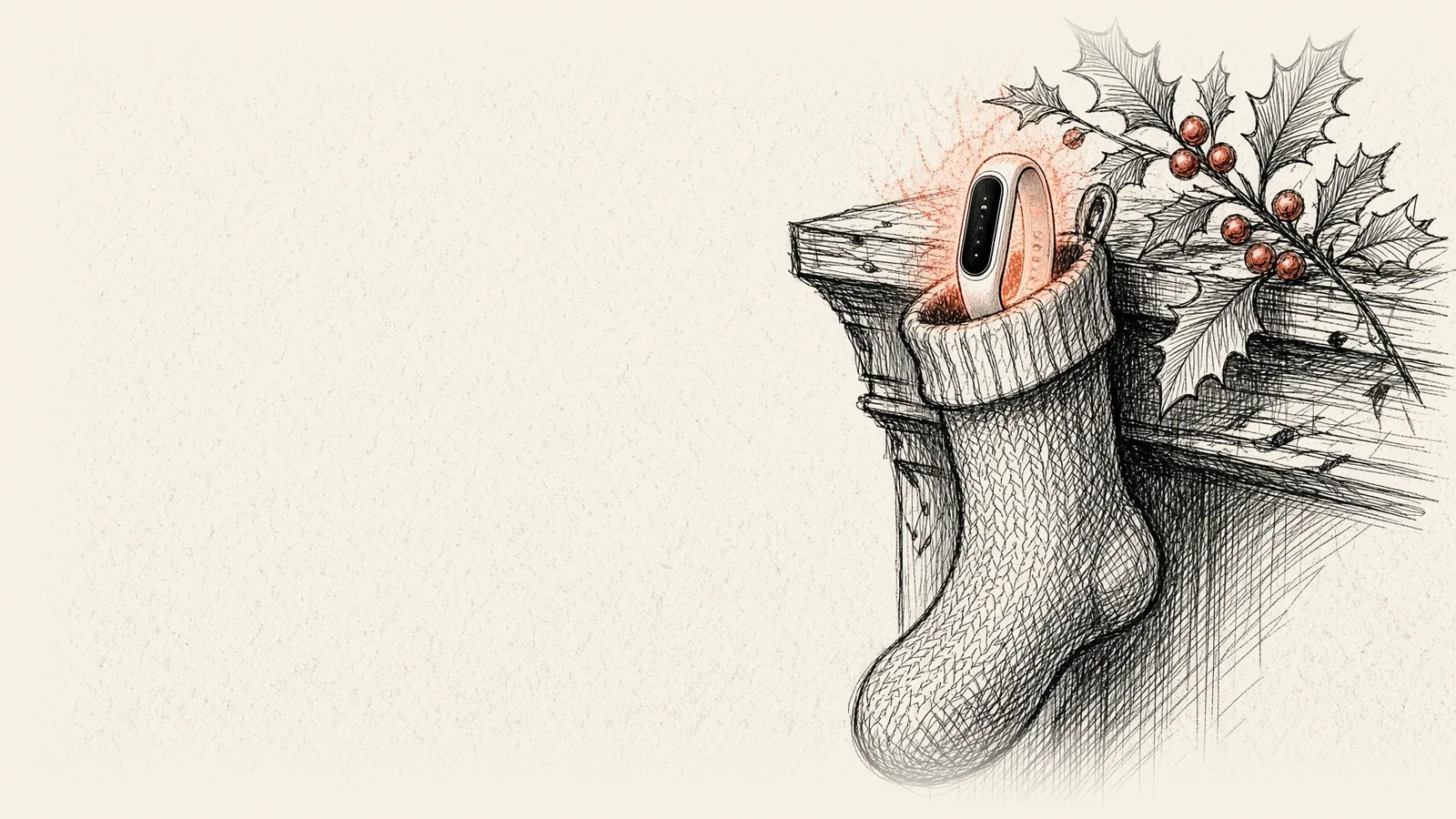 Ink drawing of the slim tracker peeking out of a knit Christmas stocking hung from a timber mantel beside holly with red berries.