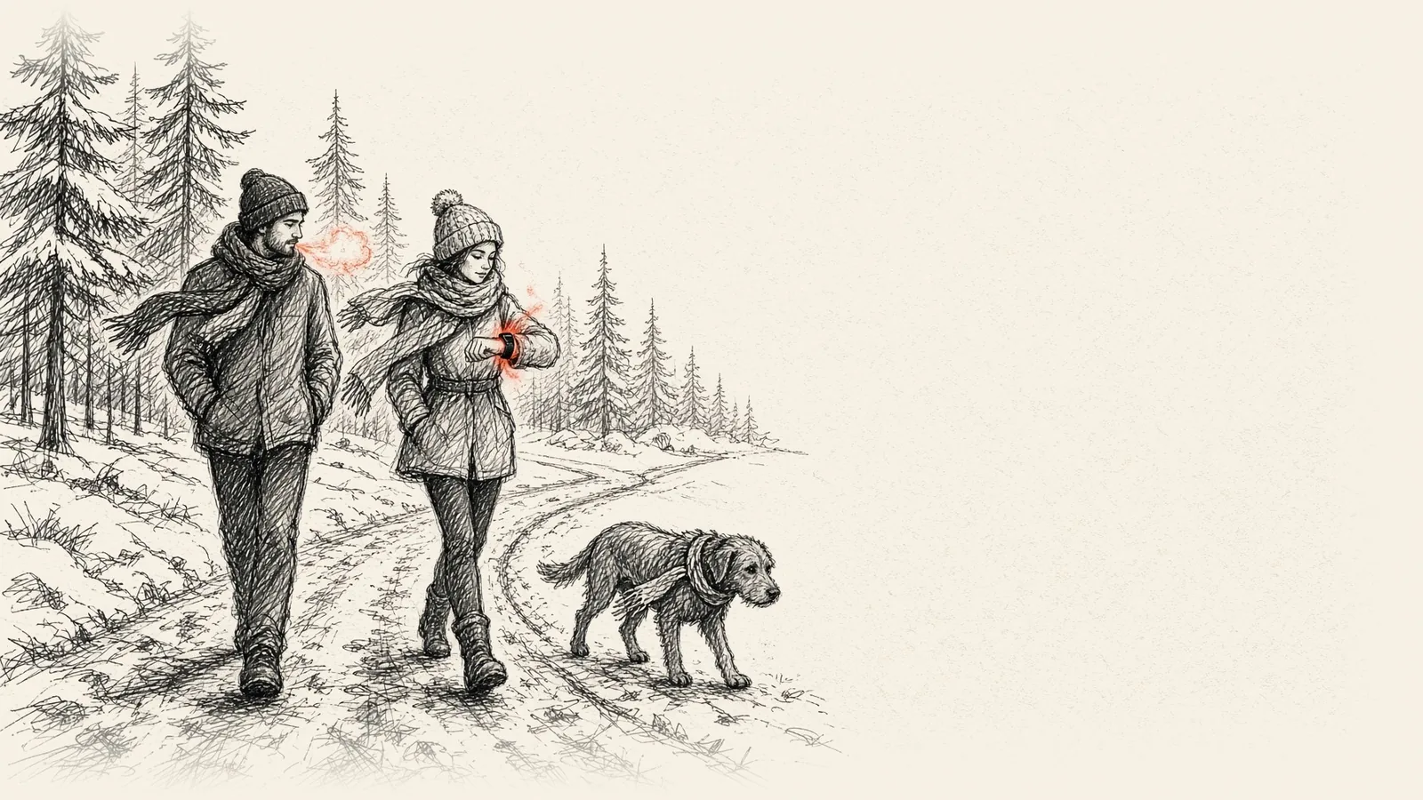 Ink drawing of two people in scarves and knit hats walking a curving snowy path through pine trees with their dog, one glancing at the band glowing on her wrist.
