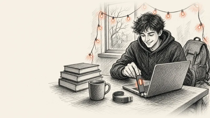 Ink drawing of a smiling student at a desk plugging the strapless tracker into a laptop's USB port, its strap resting beside a coffee mug and a stack of books.