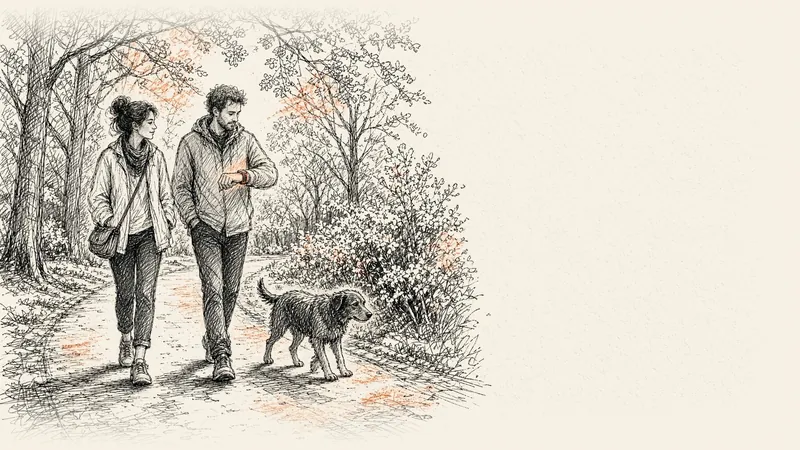 Ink drawing of a walker on a spring path wearing a slim tracker