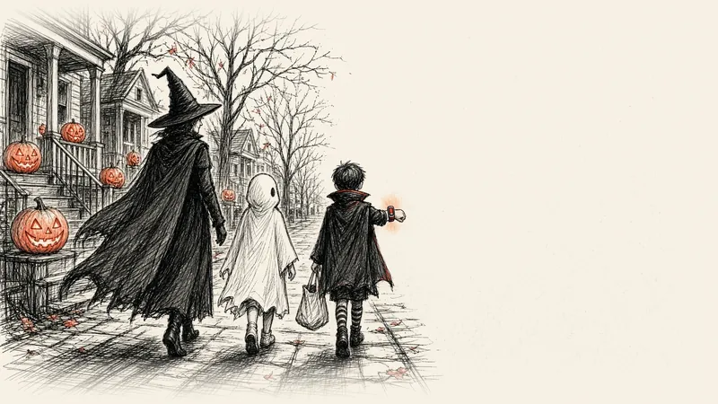 Ink drawing of a parent and two costumed children walking a sidewalk at dusk past porches lit by jack-o'-lanterns, one child glancing at the band on their wrist.