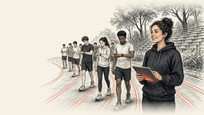 Ink drawing of students walking a track and checking the bands on their wrists while their instructor smiles over a tablet.