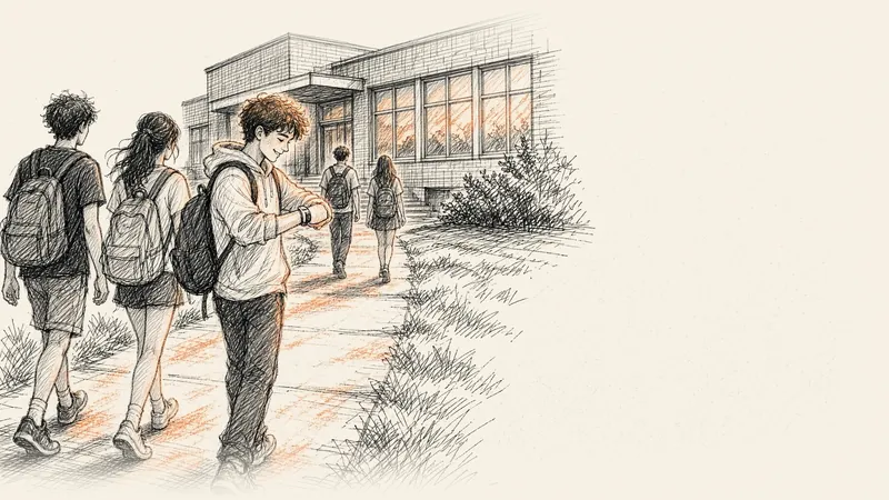 Ink drawing of students with backpacks walking toward a school on a bright morning, one smiling at the band on their wrist.