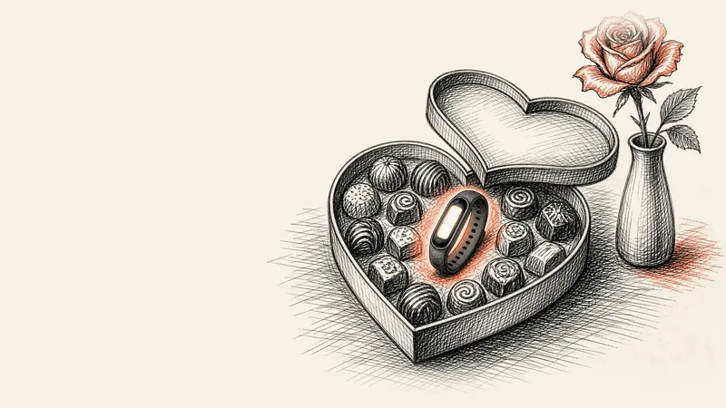 Ink drawing of the slim tracker nestled among chocolates in an open heart-shaped box beside a single rose.